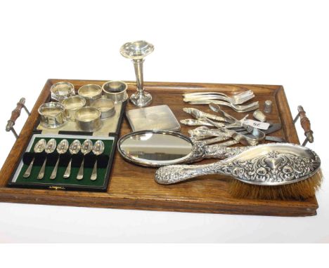 Collection of silver including brush, mirror, cased teaspoons, napkin rings, bud vase, etc and six plated cake forks