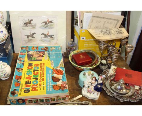 Horse prints, Chad Valley 'Give-A-Show' projector, ephemera, coins, silver plated ware, Staffordshire group