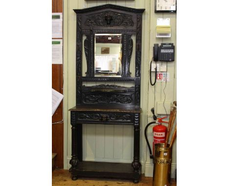 Victorian carved dark oak mirror back hallstand