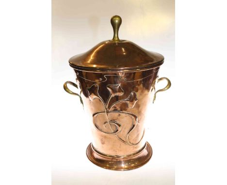 Art Nouveau copper lidded coal bucket with brass handles