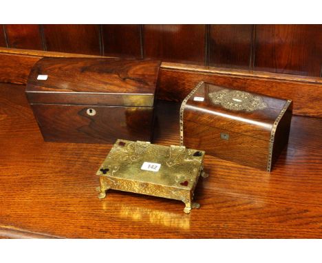 Rosewood dome top caddy, inlaid rosewood caddy and Art Nouveau brass card box