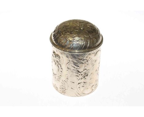 Silver cylindrical caddy, London import mark for 1897, Theodor Hartmann, the domed cover chased with musical cherubs and a st