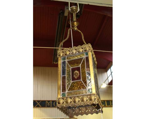 Brass and coloured leaded glass hall lantern