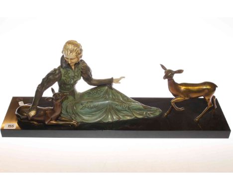 Art Deco figure group of lady and deer on marble base