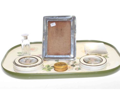 Two portrait lidded boxes, circular Mauchlin ware, compass, silver photograph frame, silver topped bottle and cigarette case