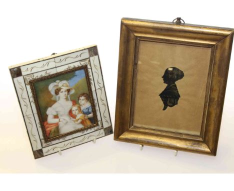 Regency silhouette of a lady and an early 20th Century portrait miniature after Waldmuller, in an engraved ivory and abalone 