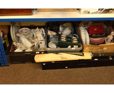 Three boxes of glass and china, silver spoon and fork, Worcester Evesham, figures, cricket bat, snooker cue, etc