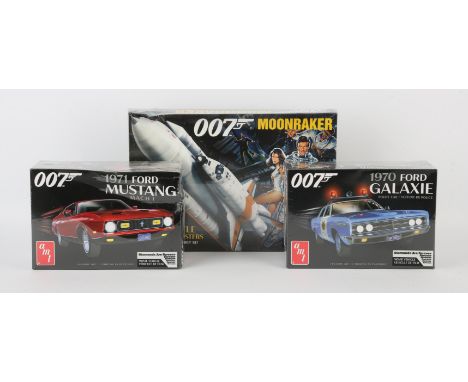 James Bond - Three AMT plastic model kits, Moonraker Space Shuttle, and Diamonds Are Forever 1970 Ford Galaxie and Mustang Ma