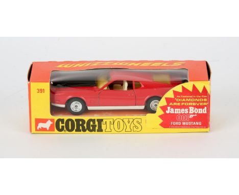 James Bond - Corgi 391 - "James Bond" - Ford Mustang Mach 1 - red body, white base and interior, black plastic bonnet, spoked