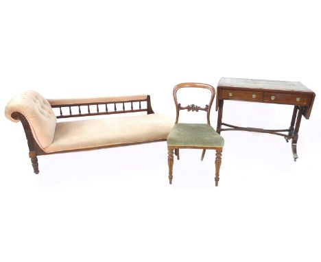 An Edwardian chaise longue, upholstered in salmon pink, back a/f loose, 172 by 64 by 70cm high, together with a Georgian styl