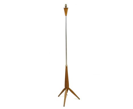 A retro beech and tubular metal standard lamp, raised on tripod base, 40 by 40 by 158.5cm high. 