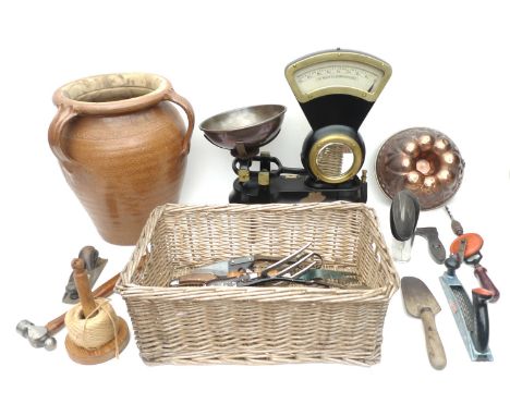 A group of decorative and collectable items comprising a set of brass and cast iron 2lb shop scales, with dual display above 