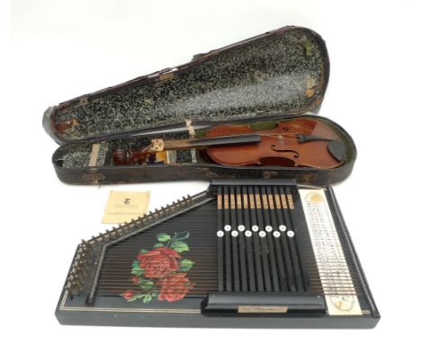 A twelve bar Rosetti, German autoharp, painted black with roses to the board, 51 by 32cm, together with a three quarter Germa