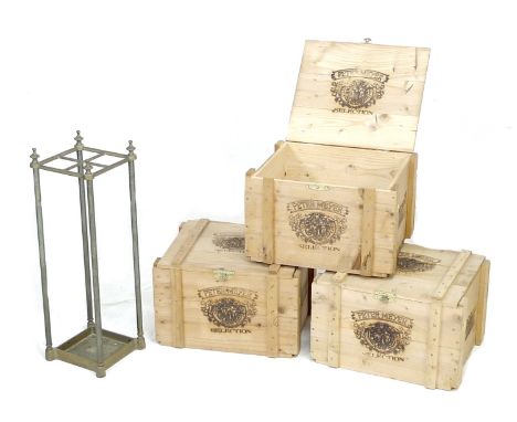 A group of three wooden crates, each decorated with a wine maker's logo 'Peter Meyer Selection', and with hinged top, 41 by 3