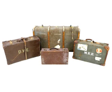 A group of four vintage suitcases, the largest wooden bound and canvas covered, 51 by 91 by 31 cm high, two with initials to 
