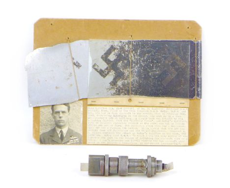Two WWII Spitfire aircraft relics, comprising a panel from the aircraft of Sergeant D.A.S. McKAy of No.91 Squadron, who marke