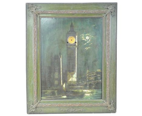 An Edwardian clock picture of Houses of Parliament, viewed from across the river with two boats in the foreground, with a clo