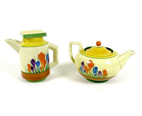 Two Clarice Cliff 'Autumn Crocus' pattern teapots, one in the 'Eton' shape, black printed 'Registration Applied For' mark and