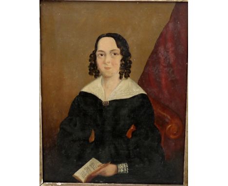 A Victorian portrait of a young woman, dressed in a black dress with lace collar and cuffs, seated hold a book, unsigned, oil