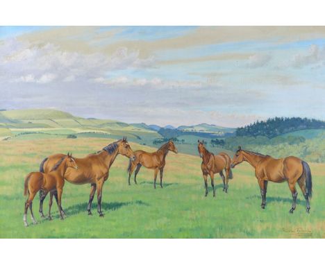 Maurice Tullock (British, 1894-1974): an equine multiple portrait, depicting four horses and a fowl in a field, signed and da