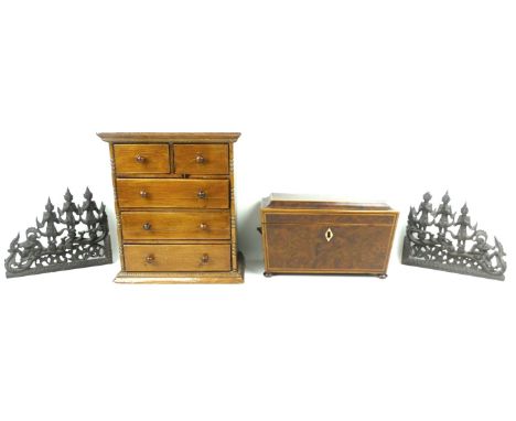 A 19th century burr walnut tea caddy of sarcophagus form, bordered with Tunbridgeware inlay and boxwood stringing, with brass