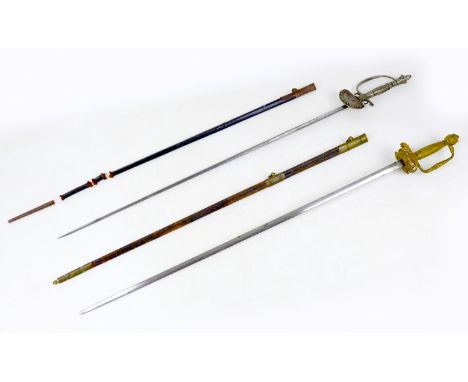 Two early 20th century small swords, comprising a triangular bladed sword with Edward VII monogram, steel grip and guard, a/f