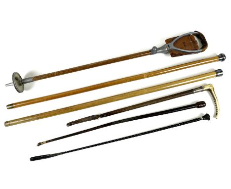 A group of canes, crops and a shooting stick, comprising two Edwardian malacca canes, both with silver handles, one with bras