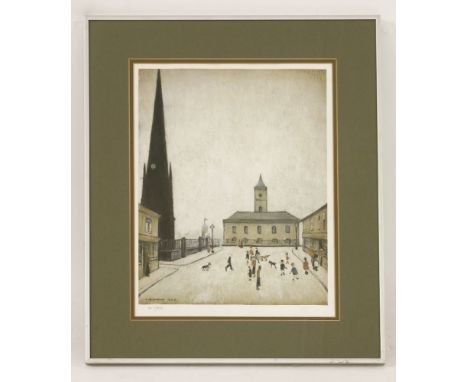 *After L S Lowry (British, 1887-1976)TOWN HALL AND ST. HILDA’S CHURCHOffset lithograph printed in colours, 1958, numbered 207