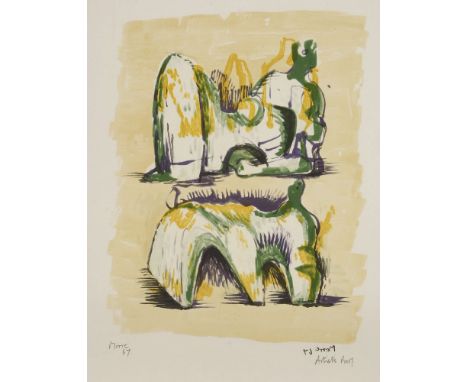 *Henry Moore (British, 1898-1986)TWO RECLINING FIGURES IN YELLOW AND GREEN (Cramer 74)Lithograph printed in colours, 1967, fr