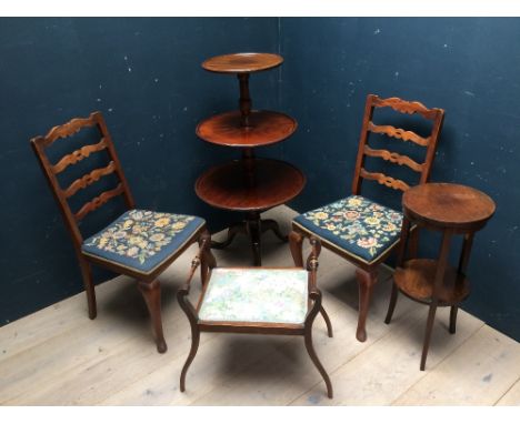 Mahogany dumb waiter, pair of chairs with tapestry seats, stool & occasional table