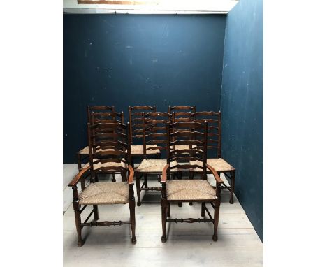 Set of 8 oak rushed seated ladder back chairs, (6+2carvers)