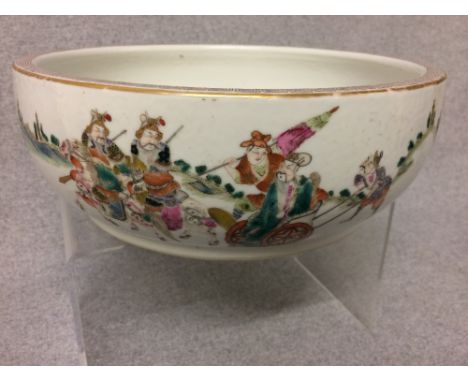 Chinese ceramic bowl decorated with figures & chariots, marks to base, 27.5cm diameter   Please check condition before biddin
