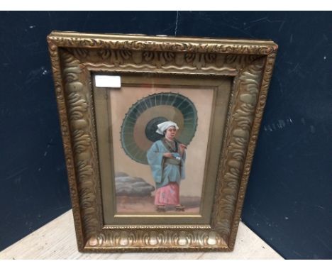 An Oriental school, gilt framed oil painting portrait of a 'Geisha Girl' 25 x 15.5 cm