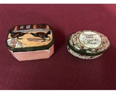 2 antique enamel boxes, 1 with fighting cock scene