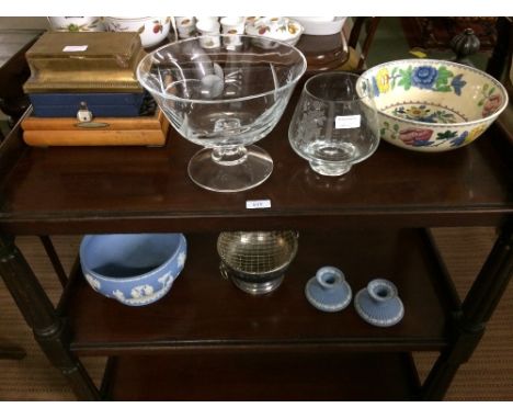 Wedgwood bowl & a pair of Wedgwood candlesticks, Masons ironstone bowl, glassware Qty of Japanese dinner wares etc 