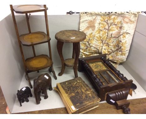 2 elephants, a cake stand, a carved stool, a wall clock, crewel work tapestry & large leather bound book
