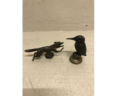 Cold painted bronze style figure of a Kingfisher & metal car mascot of a running fox