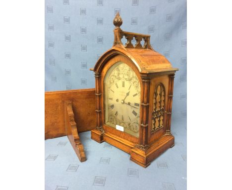 Good Gothic style, honey coloured oak bracket clock with striking movement, silvered arched dial, 'G. A. GOODWIN', 304 High H