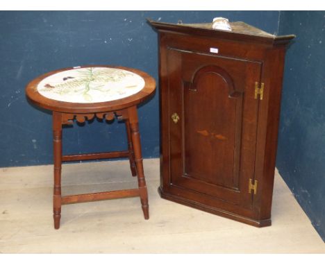 Georgian oak corner cupboard 93H x 65W cm & Victorian mahogany circular occasional table with painted ceramic top