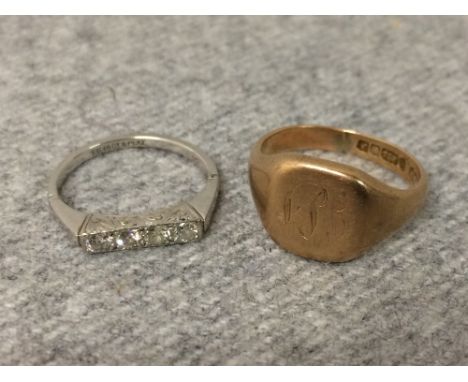 18ct white gold diamond ring, size 'K' & 9ct gold signet ring, size 'N', 8g