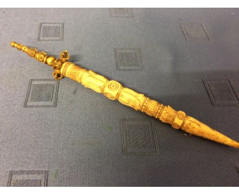 Tibetan bone & gilt metal temple stick, 24cm L   Please check condition before bidding