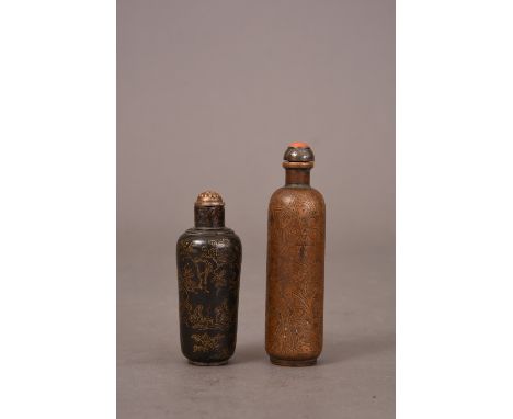 Two C18th/19th Chinese bronze snuff bottles, the first bottle carved with figures amongst foliage in a rocky landscape, and t