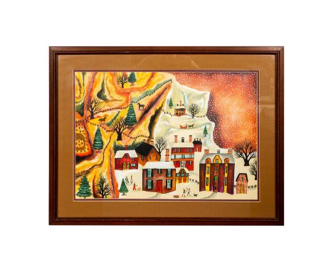 Folk Art painting on paper titled "A Winter Sunset". Artist signed and dated 1984 lower left. Measures 27" x 21" including fr