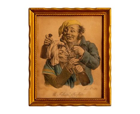 Hand-colored lithograph "La Felicite Parfaite" (Perfect Happiness) depicting a human vice in the form of a couple drinking ex