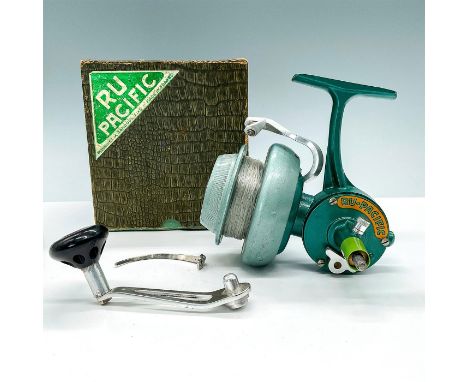 Painted green metal stamped, "Brevete SGDG RU Pacific," fishing reel 1950s surf cast saltwater fish. This item has its origin