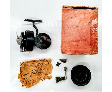 Finger bail. stubby screw-on handle with a turned and painted wooden knob This item has its original box with measurements 4.