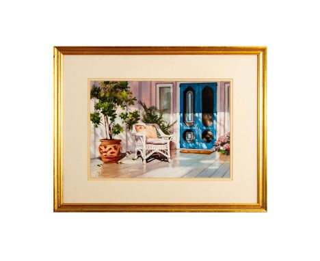 Watercolor on paper of a serene porch basked in the late afternoon sun with an interplay of light and shadows by Gustave Wand