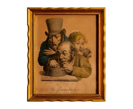 Hand-colored lithograph "La Gourmandise" (Gluttony) depicting a human vice in three grotesque figures who overindulge on food