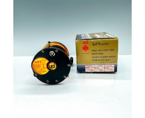 Imported wide spool baitcaster, 330/yds. 30lb. This item has its original box which measures 6.5"L x 4"W X 4"H. Dimensions: 6