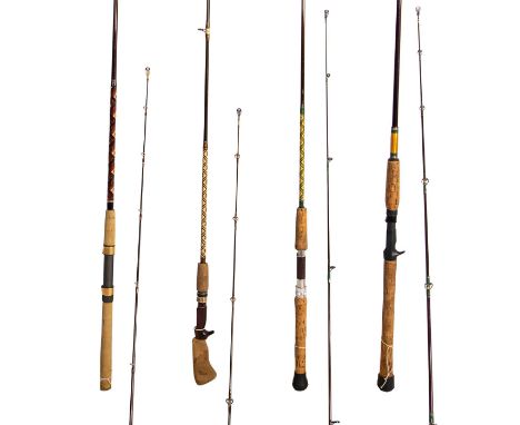 Spinning rod 6'6"L 3/8-3/4 oz. medium to heavy power with beautiful custom brown and gold wrap. Versatile 8'L heavy freshwate
